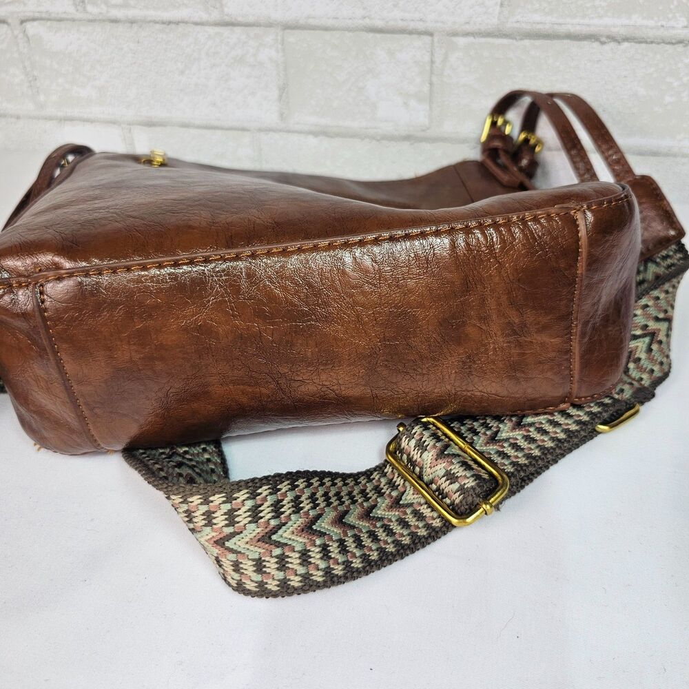 Vintage Brown Faux Leather Crossbody Bag Boho Western Wide Strap Purse - Picture 5 of 12